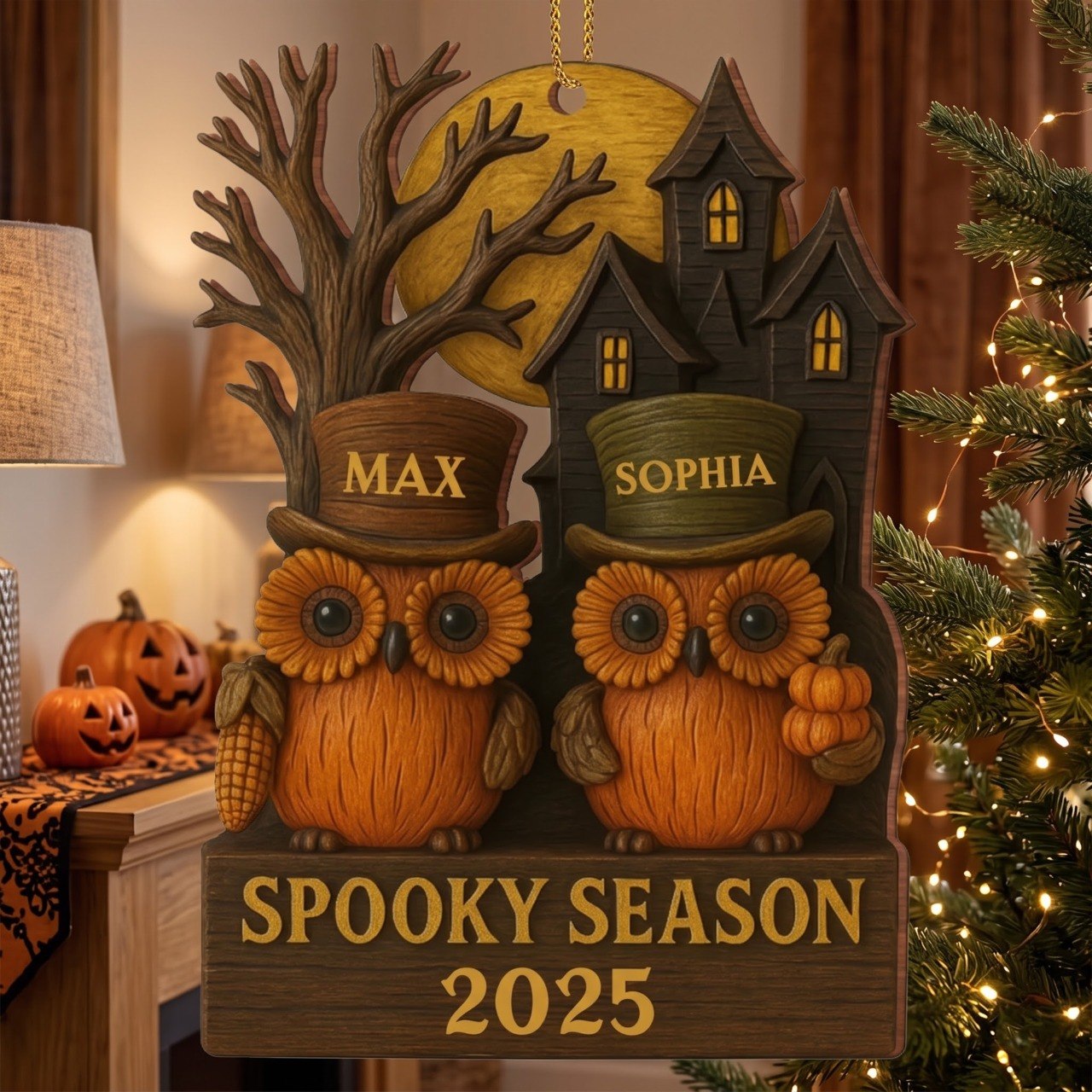 Spooky Season With Owls And Haunted House, Personalized Custom Wood Ornament, Gift For Halloween Enthusiasts
