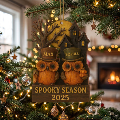 Spooky Season With Owls And Haunted House, Personalized Custom Wood Ornament, Gift For Halloween Enthusiasts