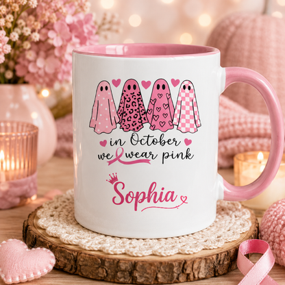 Personalized In October We Wear Pink Ghost Mug, Custom Breast Cancer Awareness Coffee Mug, Halloween Gift for Women