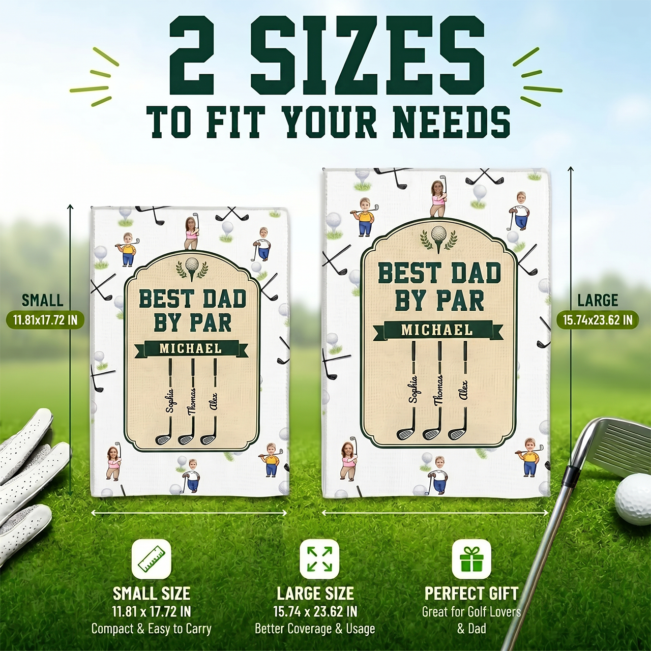 Best Dad By Par Personalized Golf Towel – Custom Golf Dad Gift with Kids Names, Perfect Gift for Golf Lover Dad, Personalized Golf Towel