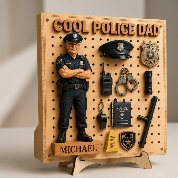 Cool Police Dad - Personalized 2-Layer Wooden Sign, Custom Photo Police Officer Dad Gift