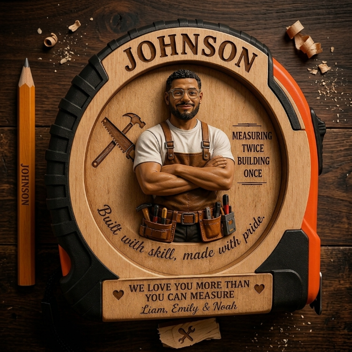 Personalized Carpenter Tape Measure for Dad – Custom Name & Photo Wooden Measuring Tape Gift