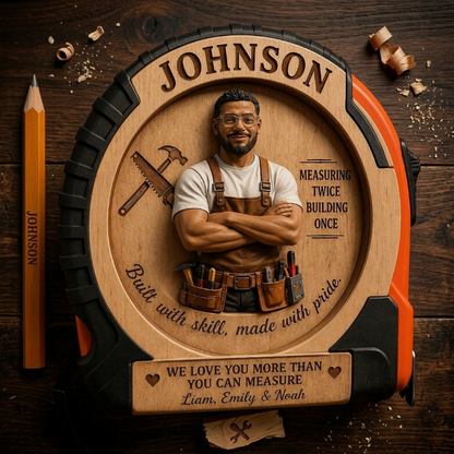 Personalized Carpenter Tape Measure for Dad – Custom Name & Photo Wooden Measuring Tape Gift