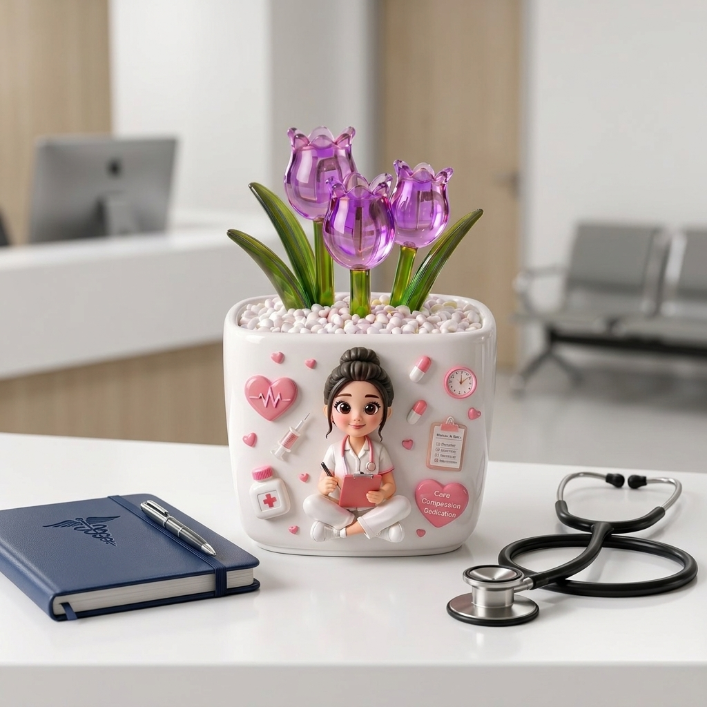 Personalized Nurse Glass Tulip Flower Pot – Forever Blooming Thank You Gift for Nurses | Custom Photo Ceramic Desk Decor