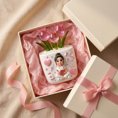 Personalized Nurse Glass Tulip Flower Pot – Forever Blooming Thank You Gift for Nurses | Custom Photo Ceramic Desk Decor