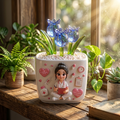 Personalized Nurse Glass Tulip Flower Pot – Forever Blooming Thank You Gift for Nurses | Custom Photo Ceramic Desk Decor