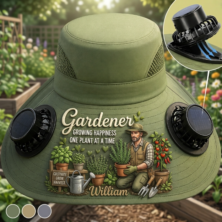 Personalized Gardener Solar Fan Hat – Custom Photo, Gardening Cooling Sun Hat for Man and Women, Wide Brim Outdoor UV Protection Gift for Plant Lovers