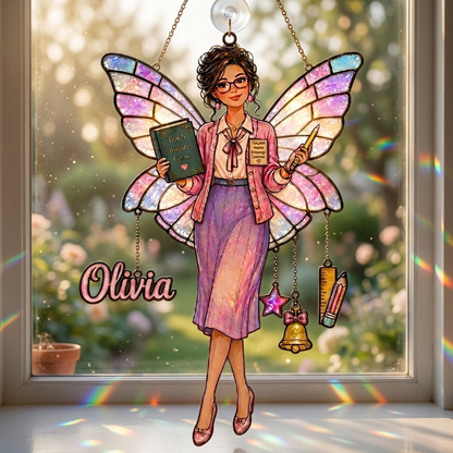 Personalized Teacher Fairy Window Hanging Suncatcher With Charms – Custom Photo Acrylic Ornament Gift for Teachers
