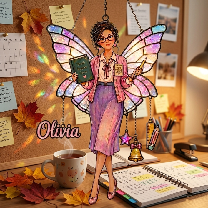Personalized Teacher Fairy Window Hanging Suncatcher With Charms – Custom Photo Acrylic Ornament Gift for Teachers