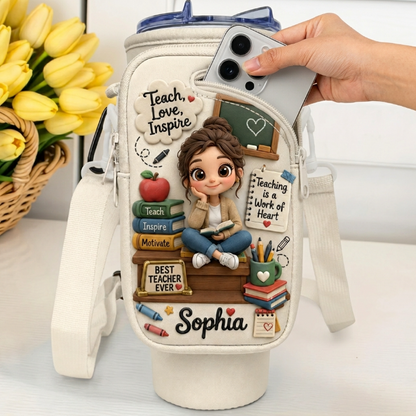 Personalized Teacher Tumbler Carrier Bag – Custom Photo 40oz Water Bottle Holder With Strap
