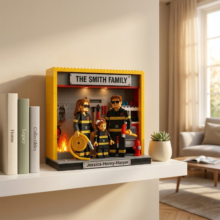 Personalized Firefighter Brick Blocks Display, Custom Firefighter Family Name Brick Figure, One-Sided Block Print Gift For Firefighter Dad, Mom, Family