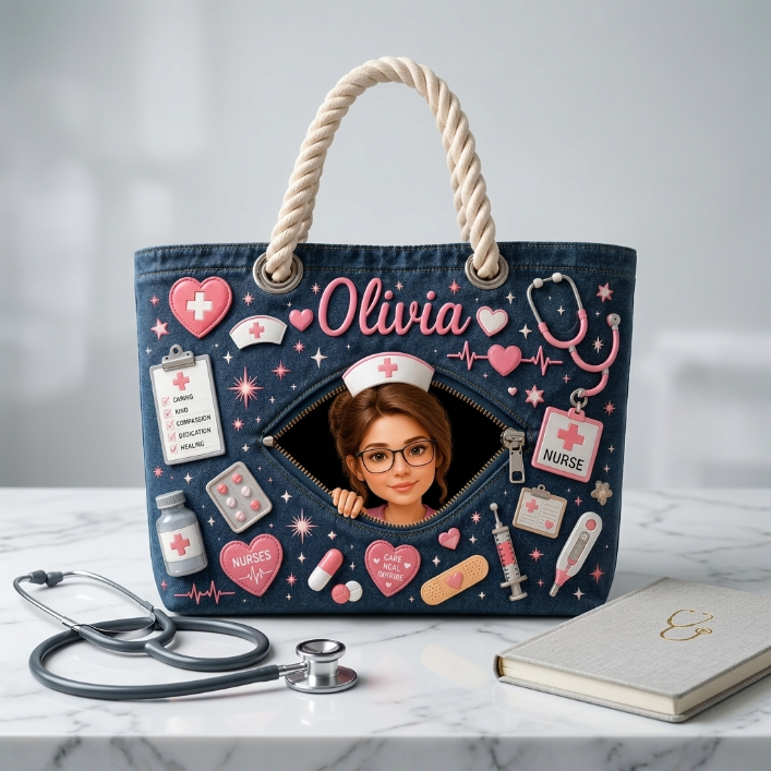 Personalized Nurse Bag – Custom Name & Photo Tote Bag With Cute Medical Design
