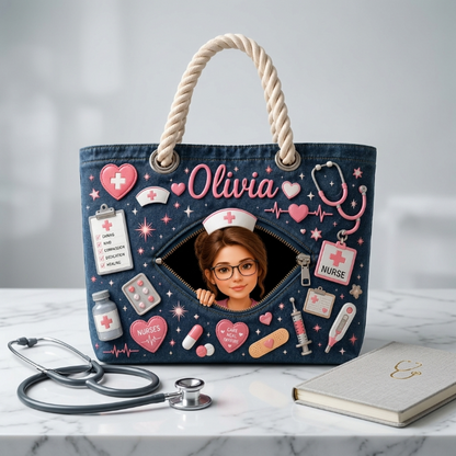 Personalized Nurse Bag – Custom Name & Photo Tote Bag With Cute Medical Design