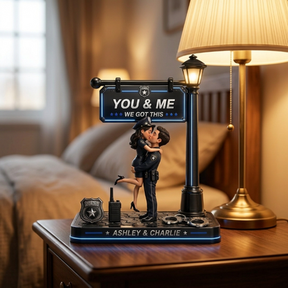 Timeless Love Under The Light - Personalized Police Couple Lamp Post Wooden Plaque, Custom 2-Layer Romantic Standing Plaque, You & Me Love Keepsake Gift