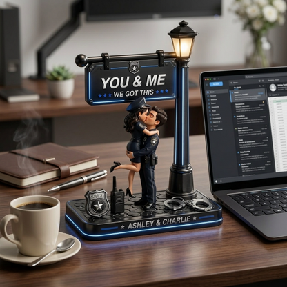 Timeless Love Under The Light - Personalized Police Couple Lamp Post Wooden Plaque, Custom 2-Layer Romantic Standing Plaque, You & Me Love Keepsake Gift