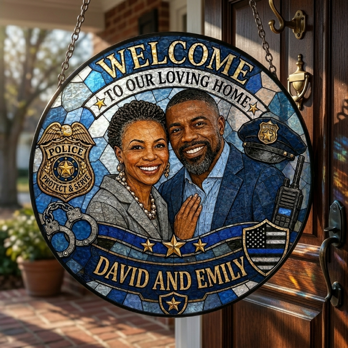 Personalized Police Couple Suncatcher, Custom Photo Acrylic Welcome Sign, Law Enforcement Family Gift