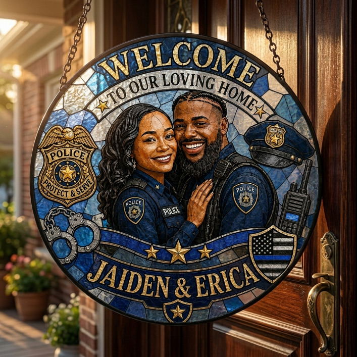 Personalized Police Couple Suncatcher, Custom Photo Acrylic Welcome Sign, Law Enforcement Family Gift