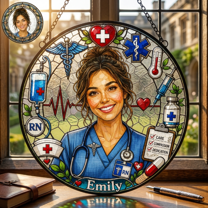 Personalized Nurse Stained Glass Suncatcher – Custom Name & Photo RN Window Hanging Decor