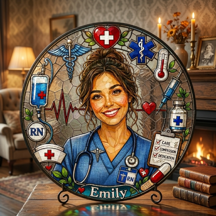 Personalized Nurse Stained Glass Suncatcher – Custom Name & Photo RN Window Hanging Decor