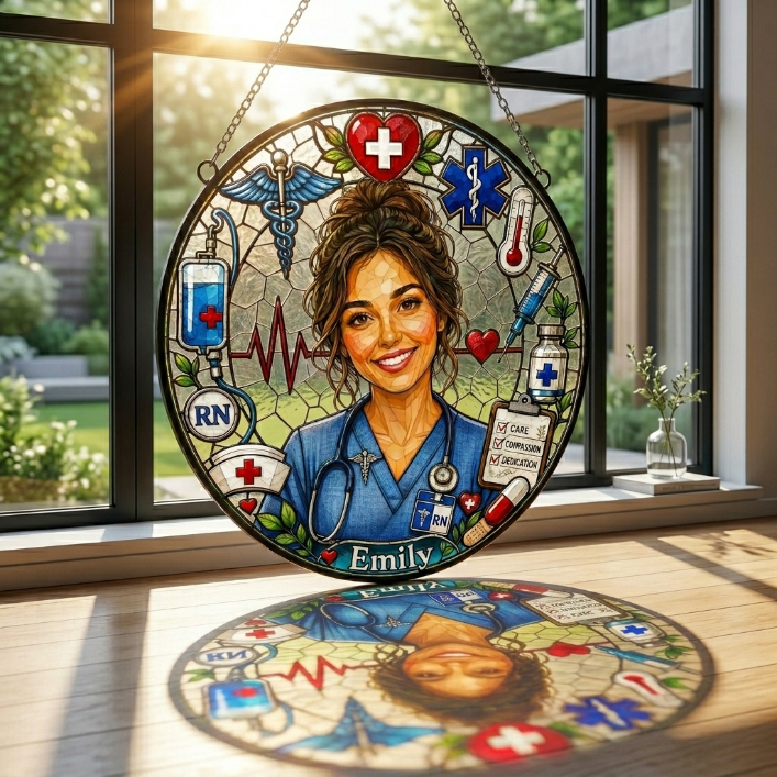 Personalized Nurse Stained Glass Suncatcher – Custom Name & Photo RN Window Hanging Decor