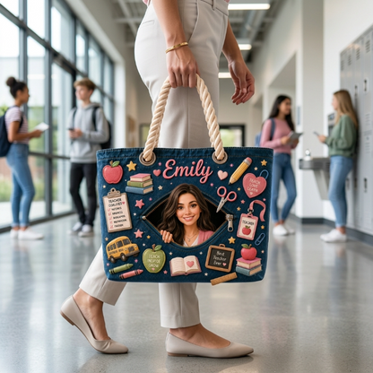 Personalized Teacher Canvas Beach Bag – Custom Name Teacher Tote Bag, Teacher Appreciation Gift