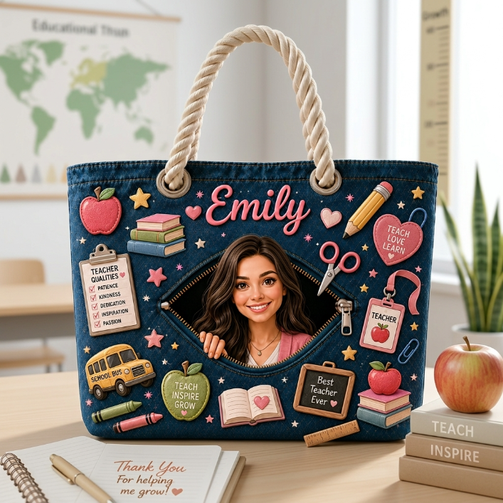 Personalized Teacher Canvas Beach Bag – Custom Name Teacher Tote Bag, Teacher Appreciation Gift