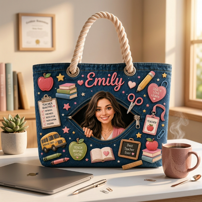 Personalized Teacher Canvas Beach Bag – Custom Name Teacher Tote Bag, Teacher Appreciation Gift