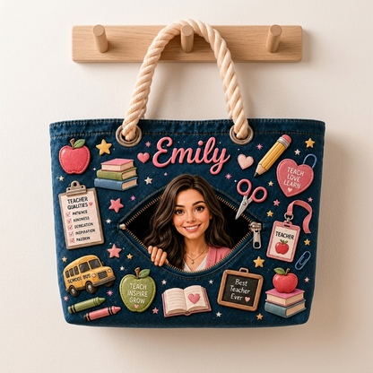 Personalized Teacher Canvas Beach Bag – Custom Name Teacher Tote Bag, Teacher Appreciation Gift