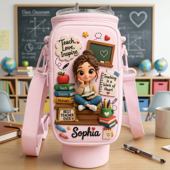 Personalized Teacher Tumbler Carrier Bag – Custom Photo 40oz Water Bottle Holder With Strap