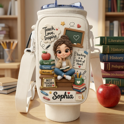 Personalized Teacher Tumbler Carrier Bag – Custom Photo 40oz Water Bottle Holder With Strap