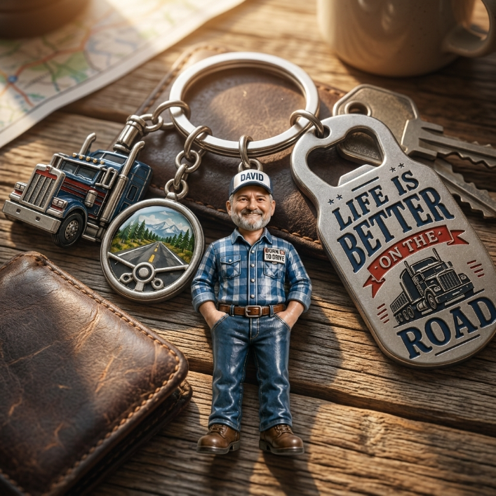 Personalized Trucker Acrylic Keychain – Custom Photo Driver Charm With Truck & Road Charms