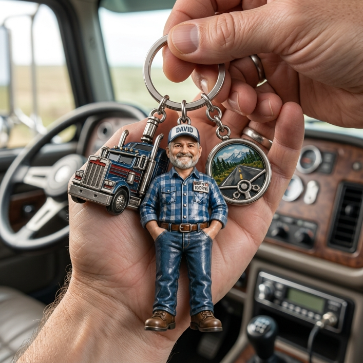 Personalized Trucker Acrylic Keychain – Custom Photo Driver Charm With Truck & Road Charms