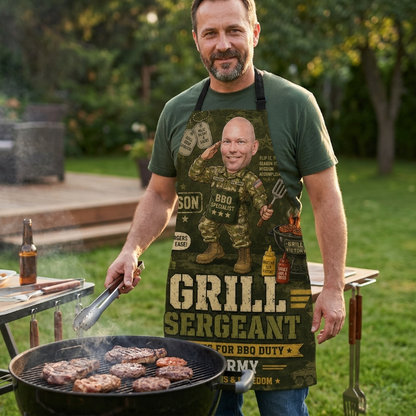 Personalized Grill Sergeant Apron – Custom Photo U.S. Army-Inspired Funny BBQ Apron, Gift For Dad, Husband, Grandpa, Veteran, Soldier