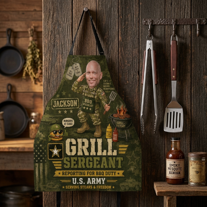 Personalized Grill Sergeant Apron – Custom Photo U.S. Army-Inspired Funny BBQ Apron, Gift For Dad, Husband, Grandpa, Veteran, Soldier