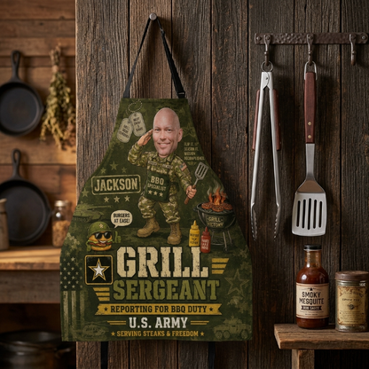 Personalized Grill Sergeant Apron – Custom Photo U.S. Army-Inspired Funny BBQ Apron, Gift For Dad, Husband, Grandpa, Veteran, Soldier
