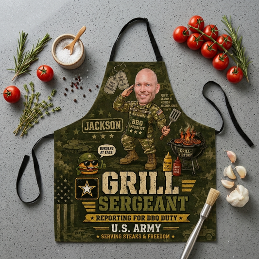 Personalized Grill Sergeant Apron – Custom Photo U.S. Army-Inspired Funny BBQ Apron, Gift For Dad, Husband, Grandpa, Veteran, Soldier