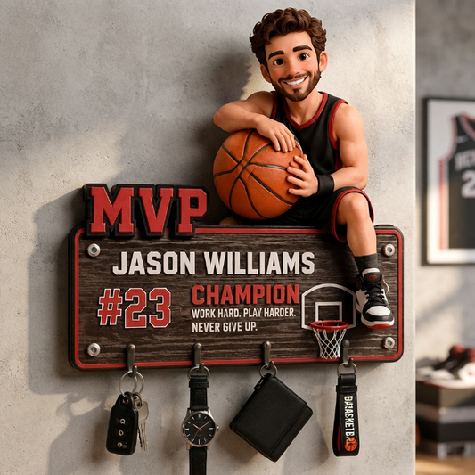 Personalized Basketball MVP Wooden Key Holder With Hooks – Custom Photo, Name & Number Wall Organizer Gift For Basketball Player, Coach, Dad, Husband, Boyfriend