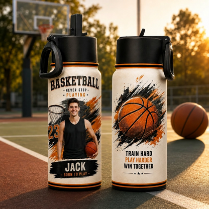 Personalized Basketball Photo Bottle – Custom Name & Number Sports Water Bottle