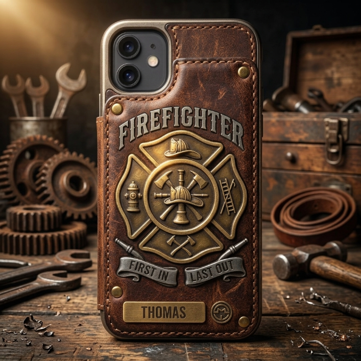 Personalized Firefighter Leather Wallet Phone Case – Custom Name RFID Flip Folio iPhone Case Gift for Firefighters