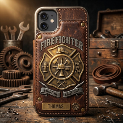 Personalized Firefighter Leather Wallet Phone Case – Custom Name RFID Flip Folio iPhone Case Gift for Firefighters