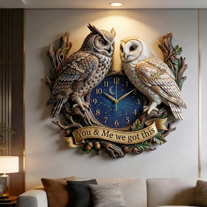 You & Me We Got This Gilded Owl Couple & Starry Night Sculpted Wall Clock
