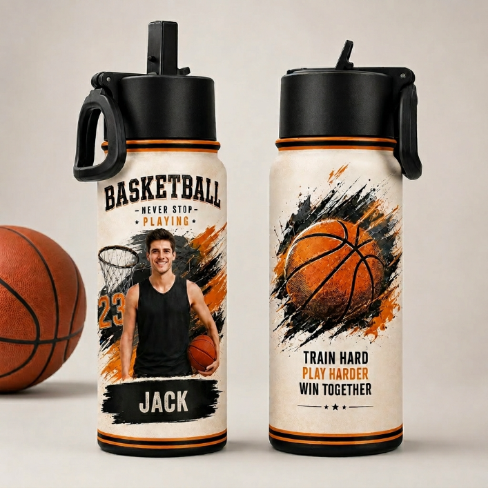 Personalized Basketball Photo Bottle – Custom Name & Number Sports Water Bottle