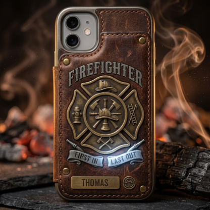 Personalized Firefighter Leather Wallet Phone Case – Custom Name RFID Flip Folio iPhone Case Gift for Firefighters