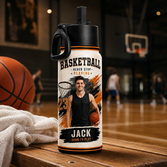 Personalized Basketball Photo Bottle – Custom Name & Number Sports Water Bottle