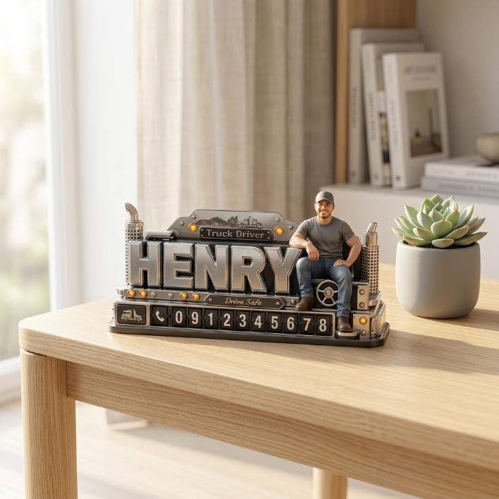 Personalized Truck Driver Dashboard Phone Number Plate - Custom Photo, Gift For Truckers