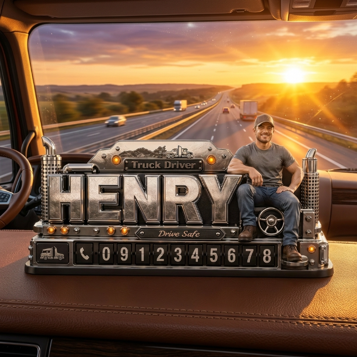 Personalized Truck Driver Dashboard Phone Number Plate - Custom Photo, Gift For Truckers