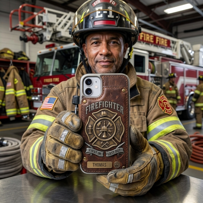 Personalized Firefighter Leather Wallet Phone Case – Custom Name RFID Flip Folio iPhone Case Gift for Firefighters
