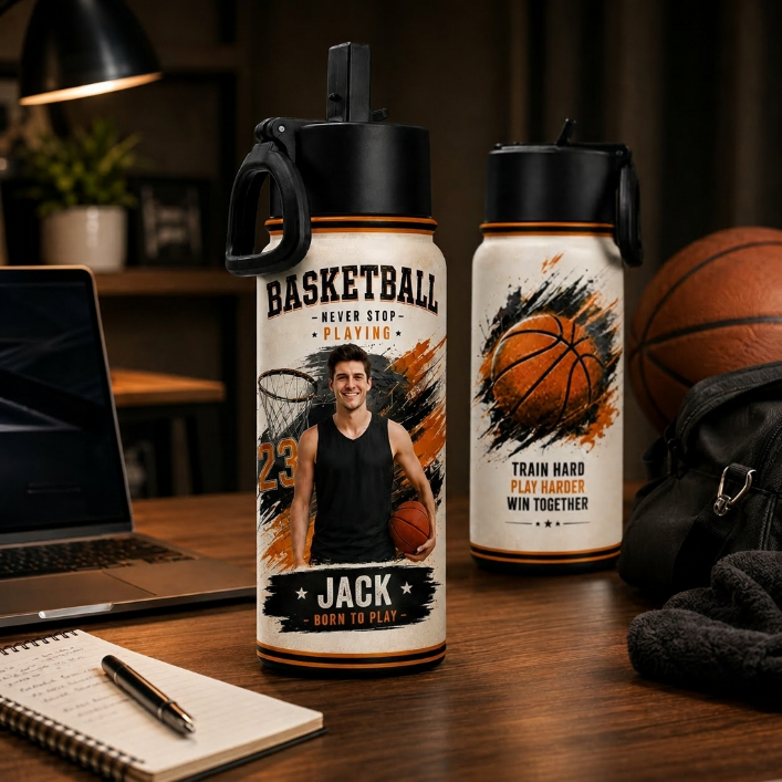 Personalized Basketball Photo Bottle – Custom Name & Number Sports Water Bottle