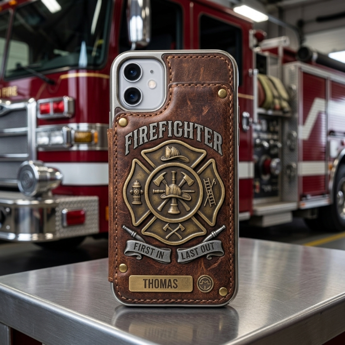 Personalized Firefighter Leather Wallet Phone Case – Custom Name RFID Flip Folio iPhone Case Gift for Firefighters