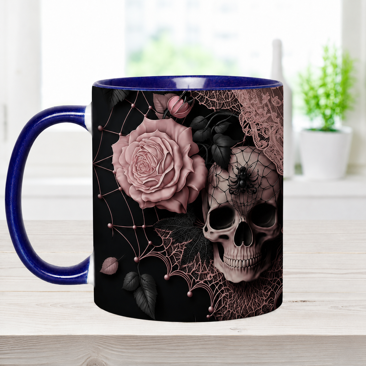 Personalized Gothic Skull Mug with Custom Name, Dark Aesthetic Pink Rose Coffee Cup, Spooky Goth Gift for Her, 11oz 15oz Accent Mug